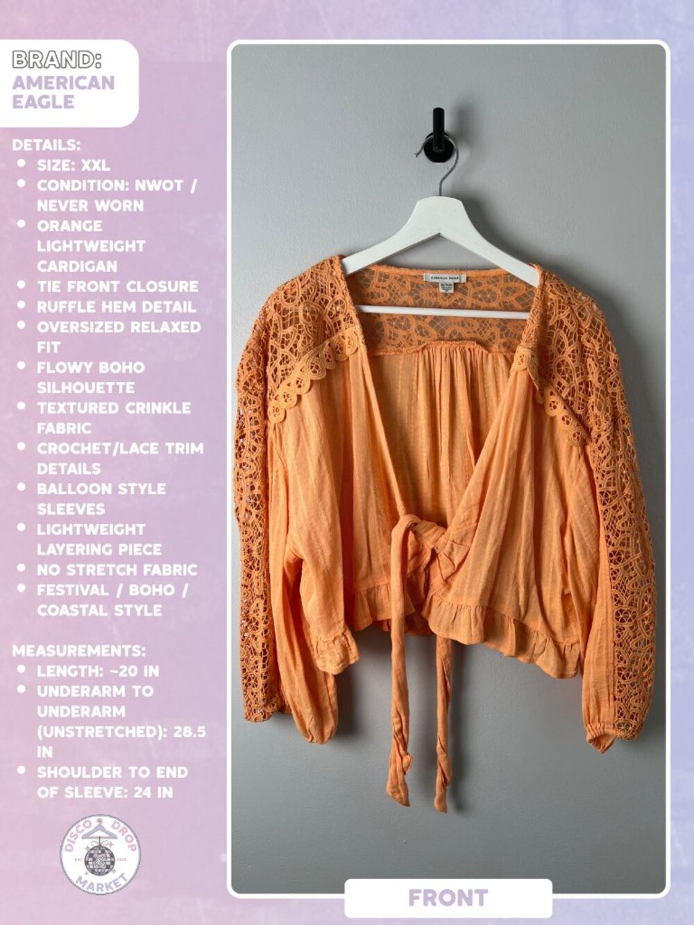 American Eagle Outfitters XXL Summer Orange Boho Tie-front Cardigan NWOT 🍊✨